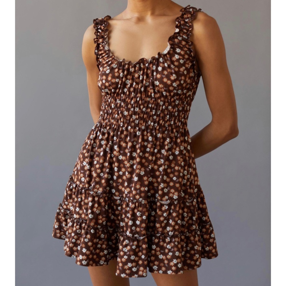UO Liszt Mini Floral Smocked Dress | Brown | Large | New
